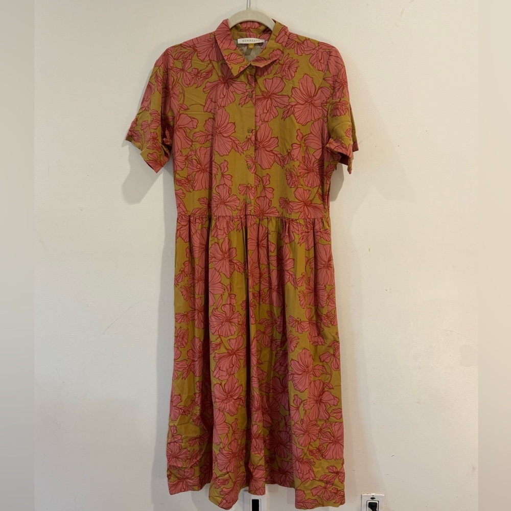 DownEast Pink and Green Floral Midi Dress